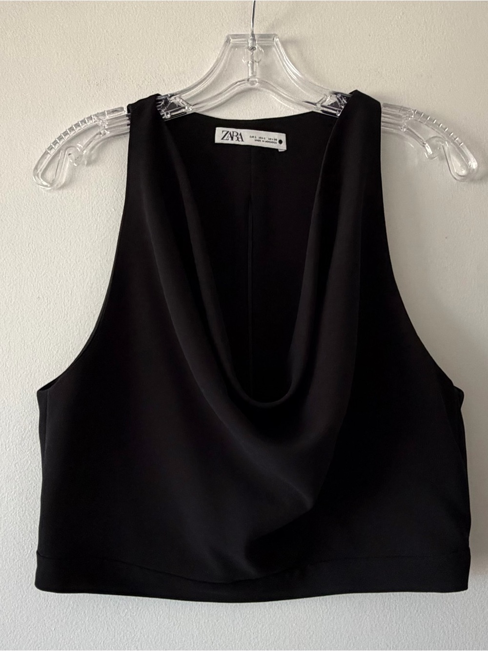 ZARA Black Cowl Neck Crop Top Sleeveless Back Zip Party Blouse Size Large
